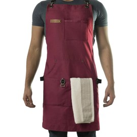 Asaya Chef, BBQ and Work Apron with Bottle Opener and Hand Towel - Durable 10oz Cotton Canvas, Brass Hardware and Cross Back Straps - For Men, Women, Grilling, and Cooking (Red)