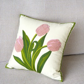vctops Farmhouse Tulip Cotton Tufted Throw Pillow Cover Spring Floral Embroidery Pillowcase Soft Square Cushion Case for Sofa Couch Bed Chair (Pink,18"x18")