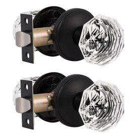 Gobrico 2 Pack Crystal Door Knobs Diamond Glass Hall/Closet Passage Door Locksets Octagon Shape in Matte Black with Classic Round Rosette