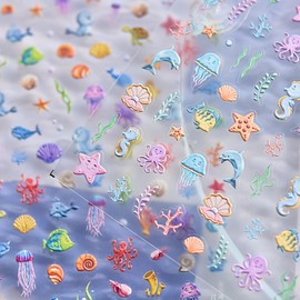 Summer Marine Life Nail Art Stickers Decals 5D Embossed Sea Shell Starfish Nail Stickers 1PCS Colorful Ocean Worlds Summer Nails Design Manicure Decal Nail Art Supplies for Acrylic Nails Decoration