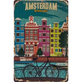 Historical Retro Vintage Tin Sign with Souvenir Travel Motif, Holiday, Adventure, Holiday Decorative Sign, 30 x 20 cm (Amsterdam, Netherlands)