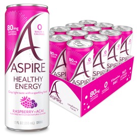 ASPIRE® Raspberry Acai, Healthy Energy Drink 80mg Natural Caffeine, Zero Sugar No Carbs Keto Friendly, 12 Pack Green Tea Sugar Free Drink Low Caffeine Zero Calorie