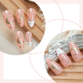 24Pcs Almond Press on Nails Medium Stiletto Fake Nails with Gold Chrome Star Moon Design French Tip False Nails Glossy Glue on Nails Retro Artificial Acrylic Nails for Women Manicure Decoration