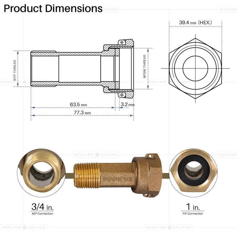 Midline Valve XND0034-OM Brass Water Meter Coupling Adapter Pipe Fitting;