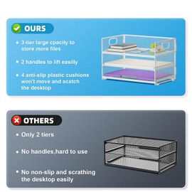 Marbrasse 3 Tier Paper Organizer Letter Tray, Mesh File Organizer with Handle, Paper Sorter Desk Organizer for Home Office Supplies(White)