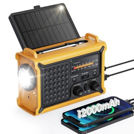 Emergency Weather Radio with Large Solar Panel, Efficient Hand Crank & Real 12000mAh Battery | AM/FM/NOAA Bands, LED Flashlight, Reading Lamp, SOS Alarm & Phone Charger for Camping, Blackout, Survival