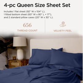 Threadmill Supima Cotton Sheets Queen | 656 Thread Count Queen Sheets for Queen Mattress | 4 Piece Luxury Bed Sheets | Sateen Weave Hotel Quality Sheets with Elasticized Deep Pocket | Folkstone Blue