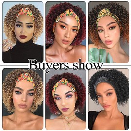 Aisaide Kinky Headband Wigs for Black Women,Short Gray Wig with Headband Attached Kinky Curly Wig Full Afro Curly Gray Wig HeadWrap Wig 2 in 1 Synthetic Short Deep Curly Wig Scarf for Black Women