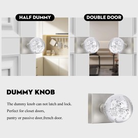 HIEMEY 2 Pack Crystal Glass Dummy Door Knobs Interior, Hall Closet Door Knobs Brushed Nickel, Clear Bubble Ball Round Non-Turning Bi-fold Door Knob Set