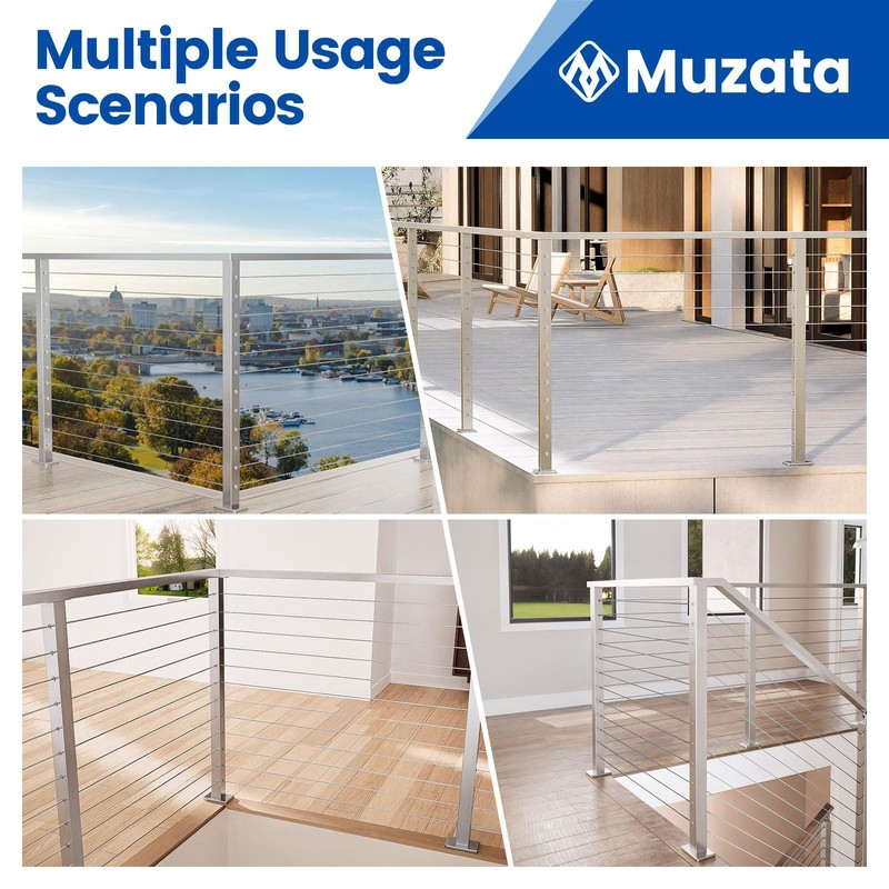 Muzata Corner Cable Railing Post 42 Inch 42"x2"x2" T-drilled One-Post