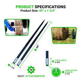 49" Hay Bale Spear 3000 LBs Capacity, C-2 Bale Spike Square Tapered Forged - 1 3/4" Conus 2, Bale Hay Spike with Hex Nut & Weld in Sleeve