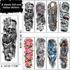 8 Sheets Full Arm Temporary Tattoos for Men Adults, Temp Tattoos Sleeve For Women, Waterproof Body Arm Chest Shoulder Tiger Owl Skull Flower Fake Tattoo Stickers Animal