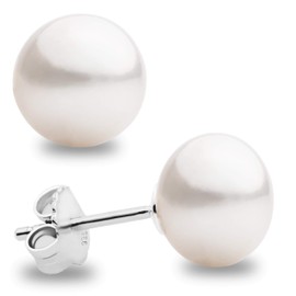 Pearl Earrings Women's Pearl Stud Earrings Freshwater Cultured Pearls White - Half Round Pearl - Secret and You - 925 Sterling Silver - Available in 6, 7, 8, 9 and 10 mm, Sterling Silver, Pearl