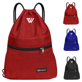 WESTWOOD FOX WFX Drawstring Bag Waterproof Sports Gym Backpack for Women Men PE Bag Outer Pocket Zipper School Beach Holiday Swimming, red