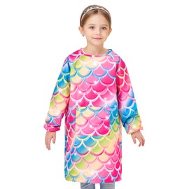 Art Smocks for Kids - Mermaid Toddler Smock for Painting Little Girl Art Smock Kids Artist Apron Smock Waterproof for Kids Painting Apron with Long Sleeve Pocket Toddler Pink Art Apron Age 4-8 8-12