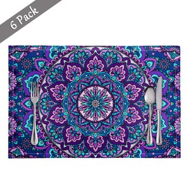 BIGCARJOB Purple Mandala Place Mats Set of 6, Boho Lotus Flower Theme Washable Placemats for Dining Table, Standard Size,Purple