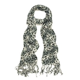 TrendsBlue Elegant Leopard Animal Print Scarf with Fringe, Gray