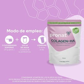PRONAT | Colágeno Hidrolizado + Ácido Hialurónico, Suplemento Alimenticio, Sabor Manzana Verde, Bolsa con 500 gramos