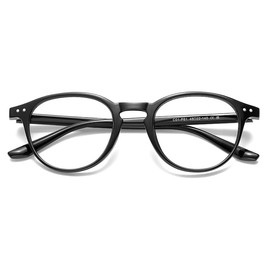 RIYUMY Blue Light Cut Glasses, PC Glasses, No Degree, UV Protection, Flat Glasses, TR90 Frame, Round Glasses, Black Frame, Round Boston, Ultra Lightweight, Small Face Effect, Unisex, Black