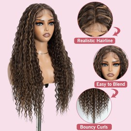 Style Icon Long Deep Curly Wave Lace Front Perücke 30 inches Highlight Brown Long Water Wave Wig for Women T Part Lace Wig Synthetic Heat Resistant Fiber (FN C6/C26Q)