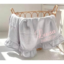 BotoBaby ★ Baby Blanket with Name and Date Embroidered ★ 100% Cotton ★ Thin Breathable Baby Blanket ★ Muslin ★ Summer Blanket – Without Filling ★ (Grey with Ruffle Edge, 75 x 100 cm)