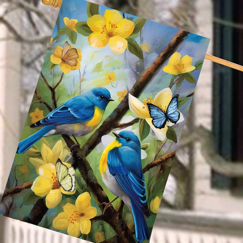 Large Spring Summer House Flags 28x40 Double Sided Bluebird Garden