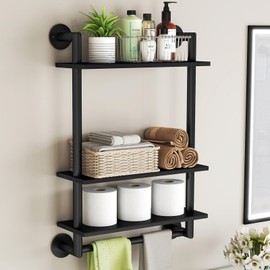 Bathroom Shelves Wall Mounted, 3 Tier Towel Racks with Towel Bar, 26in Stainless Steel Floating Pipe Shelves Over Toilet, Wall Shelves for Bathroom Laundry Room Kitchen Storage