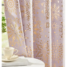 Gold Pink Snowflake Full Blackout Curtains for Girls Nursery Room, Total Light Blocking Curtains 90 inch Length Thermal Insulated Window Treatment Set for Bedroom 2pcs