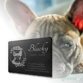 Memorial plaque for dogs and cats made of slate with engraving / photo, gravestone dog with pictures beautiful motifs and filigree heart, ideal as a grave plate for an urn grave of animals, 30 x 20 cm