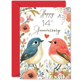 14th Anniversary Card for Women Men - Love Birds - Happy Wedding Anniversary Cards for Wife Husband Girlfriend Boyfriend, 5x7 Inch Floral Bird Greeting Cards