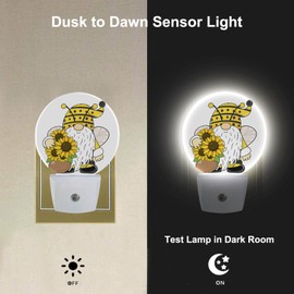 Uanvaha Gnome Night Lights Plug into Wall Summer Bee Gnome Sunflower Yellow Floral LED Dusk to Dawn Night Lamp Auto Sensor for Bedroom Bathroom Hallway Living Room