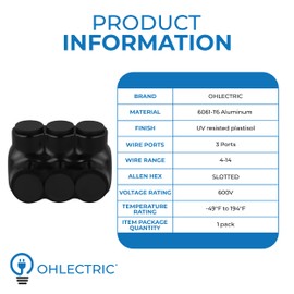 OHLECTRIC Insulated Wire Connector 3 Port Single Side Entry for 4-14 Wire Range Lugs with 5/32 Hex Screw, Pre-Filled with Oxide Inhibitor - Wire Connectors, Electrical Connectors, Wire Tap