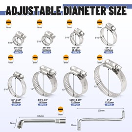 Ailbiuko 200 PCS Hose Clamp Assortment Kit 304 Stainless Steel Hose Clamps Adjustable 1/4"-2"(6-51mm) Worm Gear Clamps for Fuel Line, Plumbing, Automotive, Pipe, Radiator, Garden