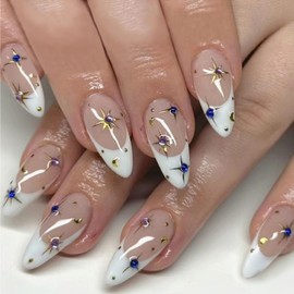 French Tip Press on Nails Almond Stiletto Fake Nails with Star Rhinestones Design Nude Acrylic Reusable Artificial Nails Full Cover Glossy Stick on Nails for Women Wedding Salon Nail 24Pcs