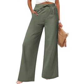 JEKAOYI Women's Casual Linen Wide Leg Pants with Pockets Boho Palazzo High Waisted Drawstring Lounge Trousers Army Green