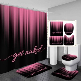 AAtter 4 Piece Pink and Black Shower Curtain Set Get Naked Ombre Girls Women 60Wx72L Curtains Decor with Non-Slip Rugs, Toilet Lid Cover and Bath Mat Bathroom Accessorie Home Bathtub Set, Gradient