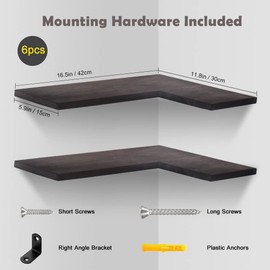 FEHAONST Natural Wood Set of 6 Corner Floating Shelves Wall Mounted Hanging Storage Shelves Display Decor for Bathroom Bedroom Kitchen Office Living Room L-Shaped Corner Book Shelves Carbonized Black