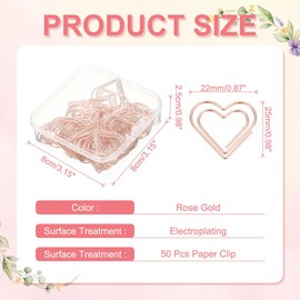 PATIKIL 50 Pcs Heart Shape Paper Clip, Metal Cute Small Paper Clamp Clips for Office Supplies Craft Scrapbook Document Note Sorting, Electroplating, Rose Gold