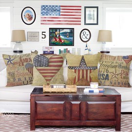 Aoihrraan 20 x 20 Inch Patriotic Cushion Covers Vintage American Flag Retro Usa Farmhouse Style Square Linen Throw Pillow Covers for Living Room Sofa Outdoor Couch, 51x51cm Set of 4 Pillowcases