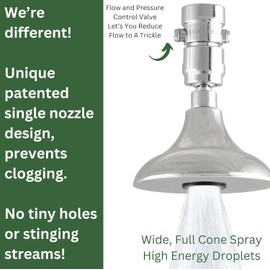High Sierra® HALF DOME® Solid Metal 2.0 GPM Award Winning. High Pressure Shower Head with Trickle Valve. Lead-Free. Patented Nozzle Never Clogs - Brushed Nickel Finish