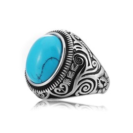 MZC Jewelry Synthetic Blue Turquoise Ring Size 8 Stainless Steel Vintage Oval Statement Biker Band Punk Ring for Dad Mom Men Women