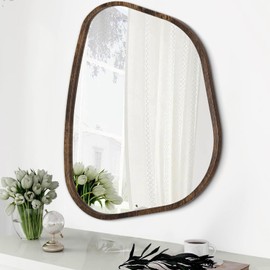 HLFMVWE Asymmetrical Accent Mirror for Wall Irregular Oval Wood Frame Modern Unique Wall Mirror Decorative Boho Vanity Bathroom Living Room Bedroom Entryway Hallway Artistic Wavy Mirror Large 26"x18"