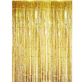 Iridescent Foil Tinsel Curtain Backdrop, 1m x 2m, 2-Pack, Pink gold silver iridescent rainbow (Gold)
