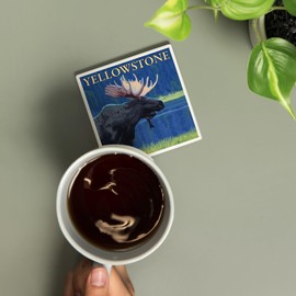 Yellowstone National Park, Wyoming, Moose at Night (Absorbent Ceramic Coaster, Single, Cork Back, Kitchen Table Decor)