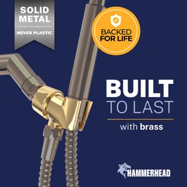 HammerHead Showers® Solid Metal Handheld Shower Head Holder - Polished Brass - Adjustable Shower Wand Holder with Universal Wall Hook Bracket and Brass Pivot Ball - Hand Held Shower Head Holder