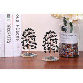 DUQGUHO Black Obsidian Crystal Tree Money Tree Feng Shui Tree Home Office Desk Decor Natural Agate Slice Base Polished Tumbled Gemstone Gifts for Women Reiki Luck