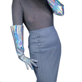 DooWay Long Leather Gloves Women Hologram Silver Gauntlet Sleeve 20" Large Unisex Cosplay Costume Gloves
