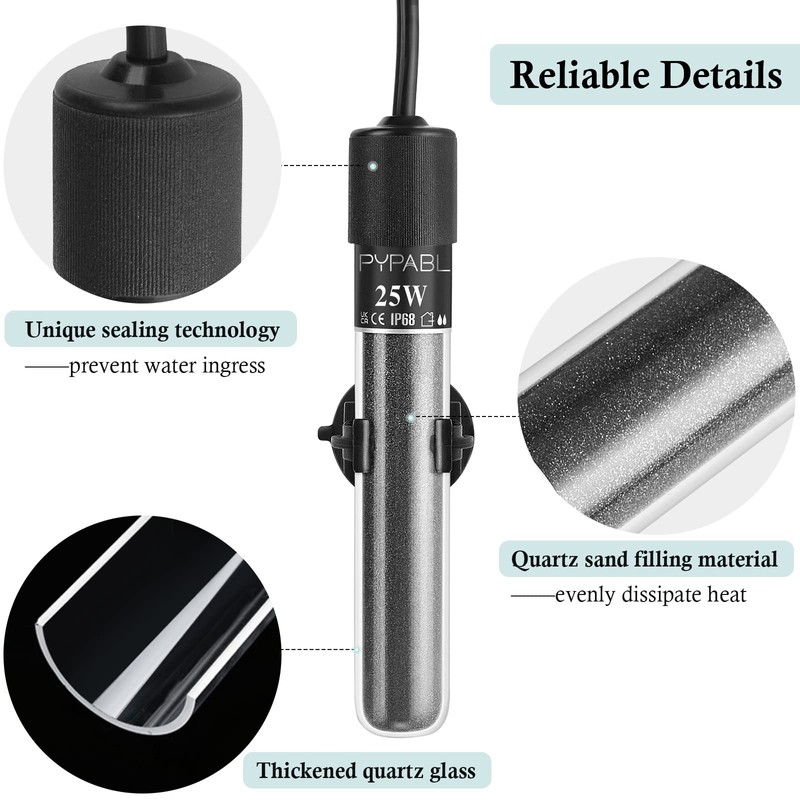 PYPABL Submersible Fish Tank Heater, 25W 50W 100W Small Aquarium