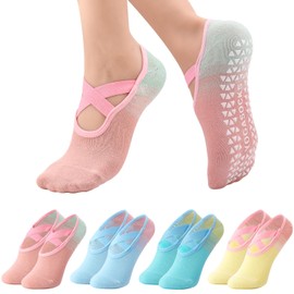 Zuimei 4 Pairs Non Slip Yoga Pilates Socks, Yoga Socks for Women with Grips & Straps, Colorful Grip Socks Pilates Ladies Ballet Socks for Pilates,Barre, Ballet, Dance, Fitness, Workout
