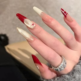 french tip press on nails long，30 pcs glossy nails press ons，Stiletto 3d press on nails for women，reusable cat eye fake nails with designs，acrylic false nails（Glorious lights and candles）